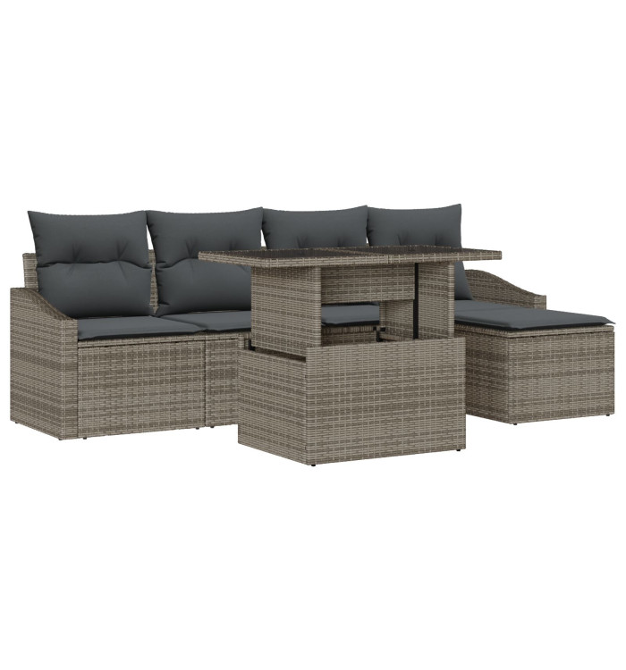 Ensemble de canapé de jardin de 6 pièces avec coussins gris en poly rotin | Mobilier & Déco