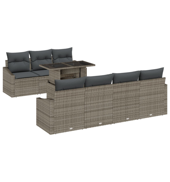 Ensemble de canapé de jardin 8 pièces avec coussins gris en poly rattan | Mobilier & Déco