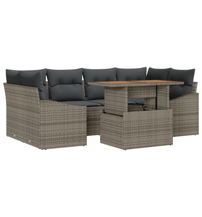 Ensemble de salle à manger jardin 7 pièces coussins Gris Poly Rotin Acacia | Mobilier & Déco