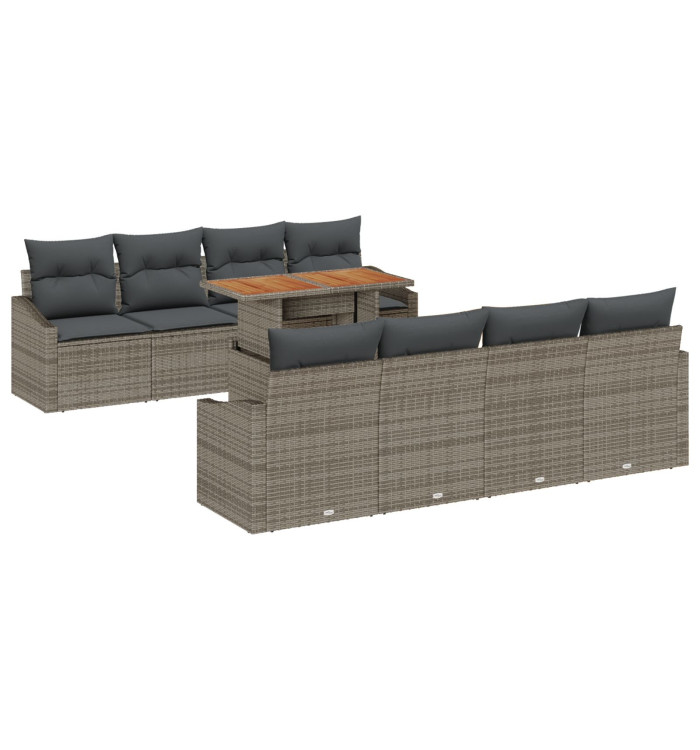 Ensemble de Salle à Manger de Jardin 9 Pièces avec Coussins Gris Rotin Poly Acacia | Mobilier & Déco