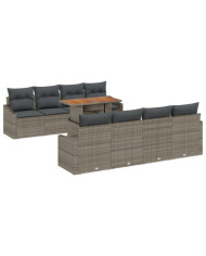 Ensemble de Salle à Manger de Jardin 9 Pièces avec Coussins Gris Rotin Poly Acacia | Mobilier & Déco