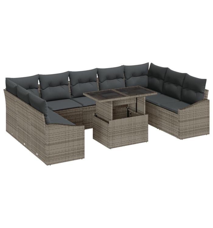 Ensemble de canapé de jardin 10 pièces avec coussins gris en rotin poly | Mobilier & Déco