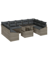 Ensemble de canapé de jardin 10 pièces avec coussins gris en rotin poly | Mobilier & Déco