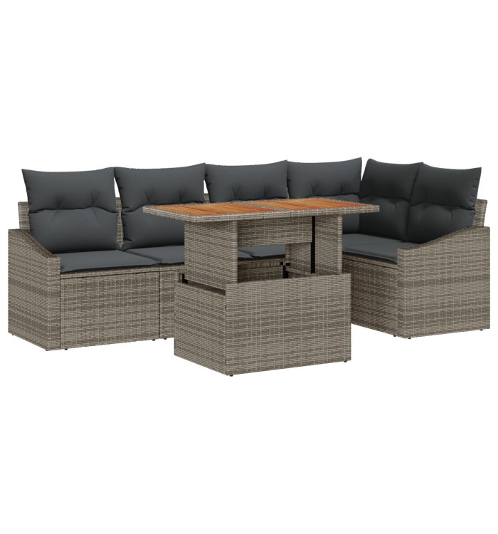 Set de repas de jardin 6 pièces avec coussins gris en poly rotin acacia | Mobilier & Déco