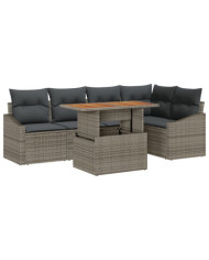 Set de repas de jardin 6 pièces avec coussins gris en poly rotin acacia | Mobilier & Déco