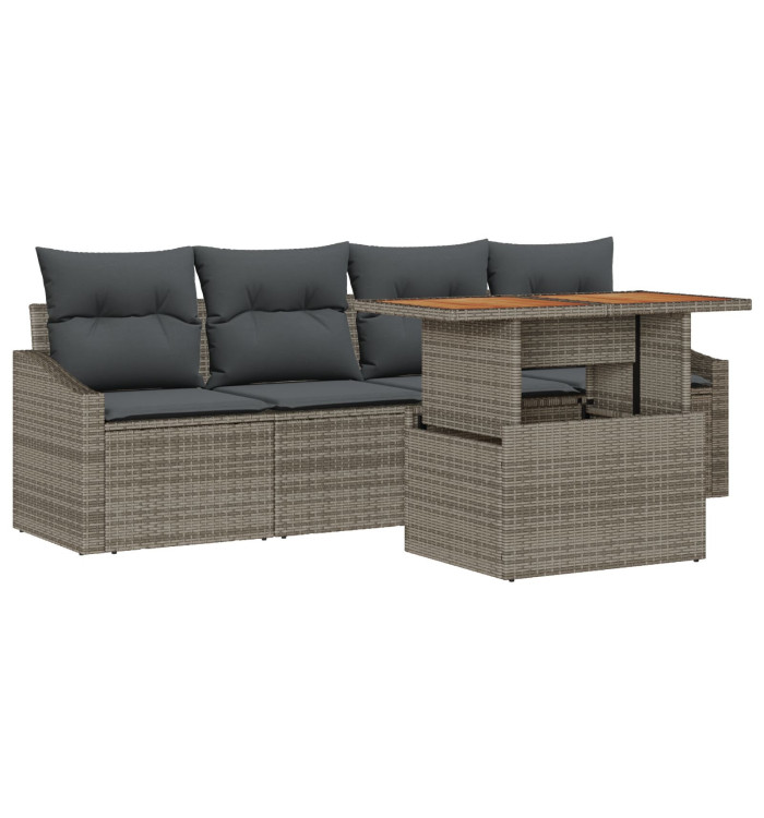 Ensemble salle à manger jardin 5 pièces avec coussins gris poly rotin acacia | Mobilier & Déco