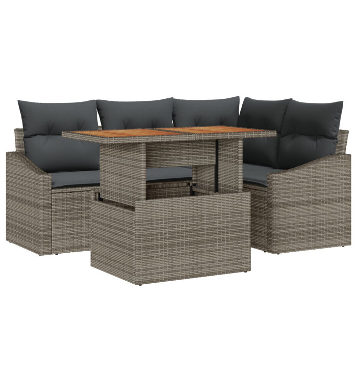 Ensemble de jardin de 5 pièces avec coussins en rotin gris poly | Mobilier & Déco