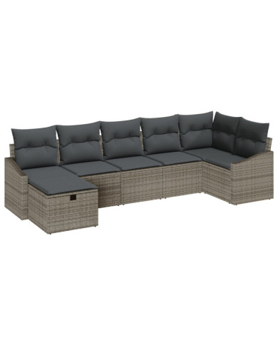 Set de canapé de jardin 7 pièces avec coussins gris poly rotin | Mobilier & Déco