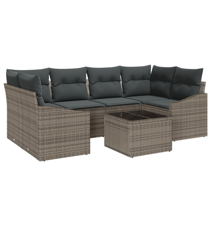 Ensemble de Canapé de Jardin de 7 pièces avec Coussins Gris en Rattan Poly | Mobilier & Déco