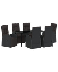 Set de repas de jardin de 7 pièces avec coussins en rattan poly noir | Mobilier & Déco