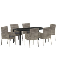 Ensemble de Salle à Manger de Jardin de 7 Pièces avec Coussins Gris Rattan Poly | Mobilier & Déco