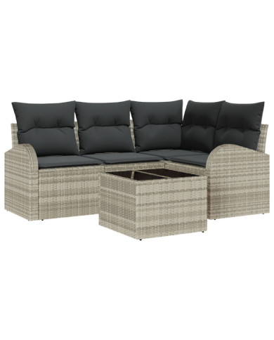 Ensemble de canapé de jardin de 5 pièces avec coussins gris en rotin | Mobilier & Déco
