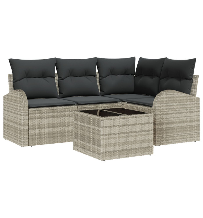 Ensemble de canapé de jardin de 5 pièces avec coussins gris en rotin | Mobilier & Déco