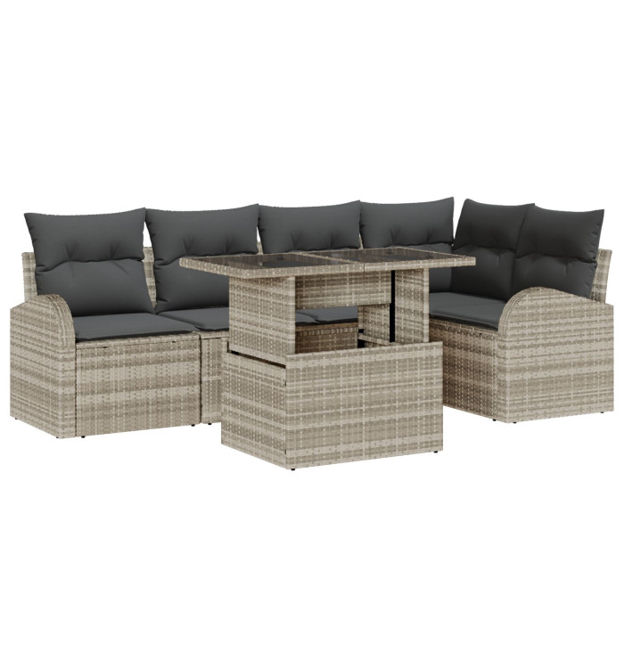 Ensemble de Canapé de Jardin de 6 Pièces avec Coussins Gris Clair en Rattan Poly | Mobilier & Déco