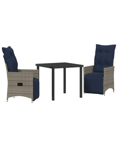 Ensemble de Salle à Manger de Jardin 3 Pièces avec Coussins Gris Poly Rattan, Table de Jardin Noire 80x80x73 cm Verre Trempé | 