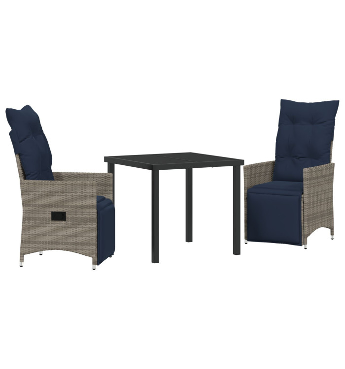 Ensemble de Salle à Manger de Jardin 3 Pièces avec Coussins Gris Poly Rattan, Table de Jardin Noire 80x80x73 cm Verre Trempé | 