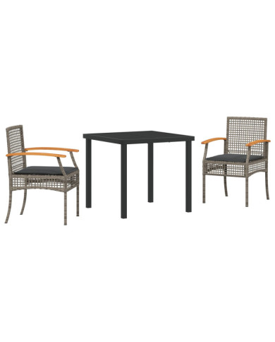 Ensemble de salle à manger de jardin de 3 pièces avec coussins gris en rotin poly | Mobilier & Déco