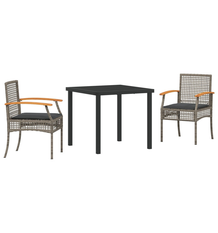 Ensemble de salle à manger de jardin de 3 pièces avec coussins gris en rotin poly | Mobilier & Déco
