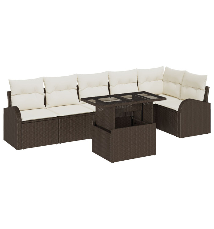 Ensemble Canapé Jardin 7 Pièces avec Coussins Marron Rotin Poly, Canapé Jardin 2 Places avec Rangement et Coussins Marron | Mobi