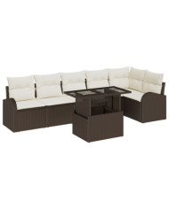 Ensemble Canapé Jardin 7 Pièces avec Coussins Marron Rotin Poly, Canapé Jardin 2 Places avec Rangement et Coussins Marron | Mobi