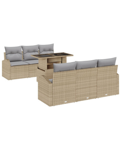 Ensemble de Sofa de Jardin de 7 Pièces avec Coussins Beige Rattan Poly | Mobilier & Déco