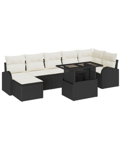 Ensemble de canapé de jardin de 8 pièces avec coussins en poly rotin noir | Mobilier & Déco