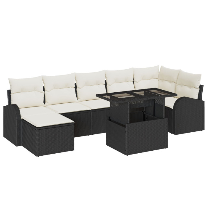 Ensemble de canapé de jardin de 8 pièces avec coussins en poly rotin noir | Mobilier & Déco