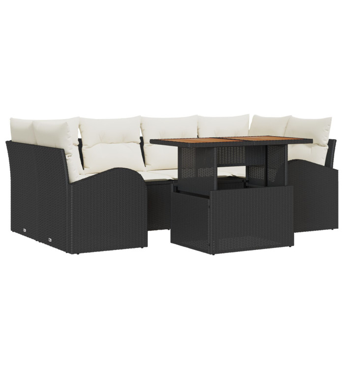 Ensemble de salle à manger de jardin 7 pièces avec coussins noirs en poly rotin | Mobilier & Déco