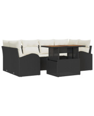 Ensemble de salle à manger de jardin 7 pièces avec coussins noirs en poly rotin | Mobilier & Déco