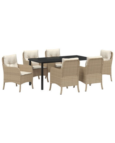 Ensemble de Salle à Manger de Jardin 7 pièces avec Coussins Beige Poly Rattan | Mobilier & Déco