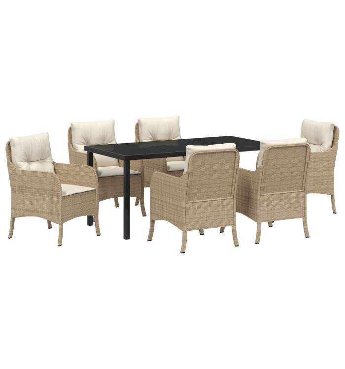 Ensemble de Salle à Manger de Jardin 7 pièces avec Coussins Beige Poly Rattan | Mobilier & Déco