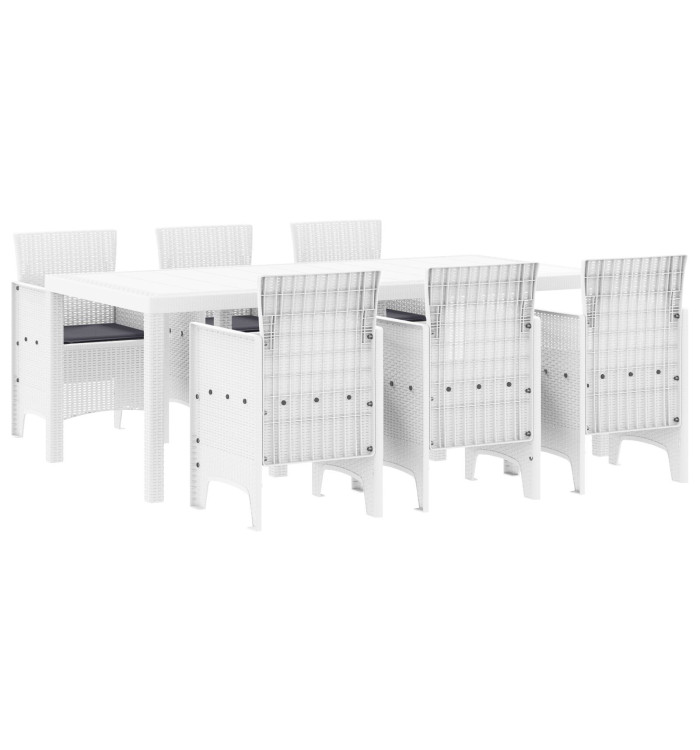 Ensemble salle à manger jardin 7 pièces avec coussins Blanc Rotin Poly | Mobilier & Déco