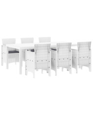 Ensemble salle à manger jardin 7 pièces avec coussins Blanc Rotin Poly | Mobilier & Déco