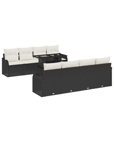Ensemble de Canapé de Jardin 9 Pièces avec Coussins Rattan Poly Noir, Canapé de Jardin 2 Places avec Coussins Rattan Poly Noir