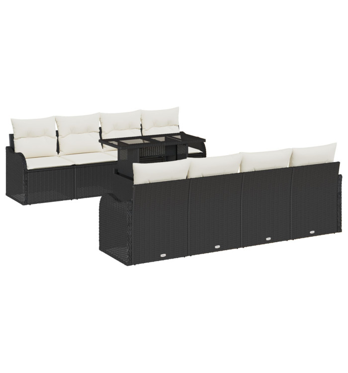 Ensemble de Canapé de Jardin 9 Pièces avec Coussins Rattan Poly Noir, Canapé de Jardin 2 Places avec Coussins Rattan Poly Noir
