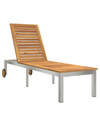 Chaise longue avec roues 207x58x35 cm en bois d'acacia et acier inoxydable | Mobilier & Déco