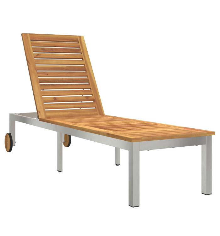 Chaise longue avec roues 207x58x35 cm en bois d'acacia et acier inoxydable | Mobilier & Déco