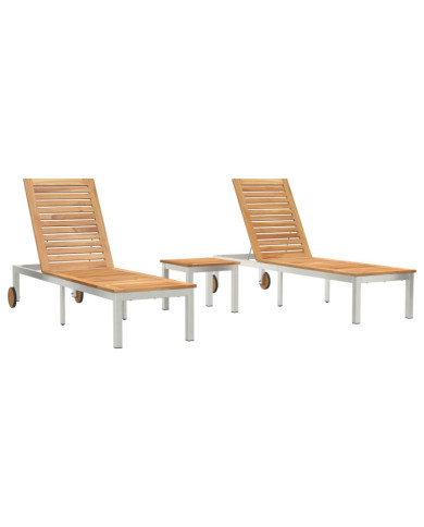Transats 2 pcs avec Table en Teck Massif, Transat avec Roues 207x58x35 cm en Acacia et Acier Inoxydable | Mobilier & Déco
