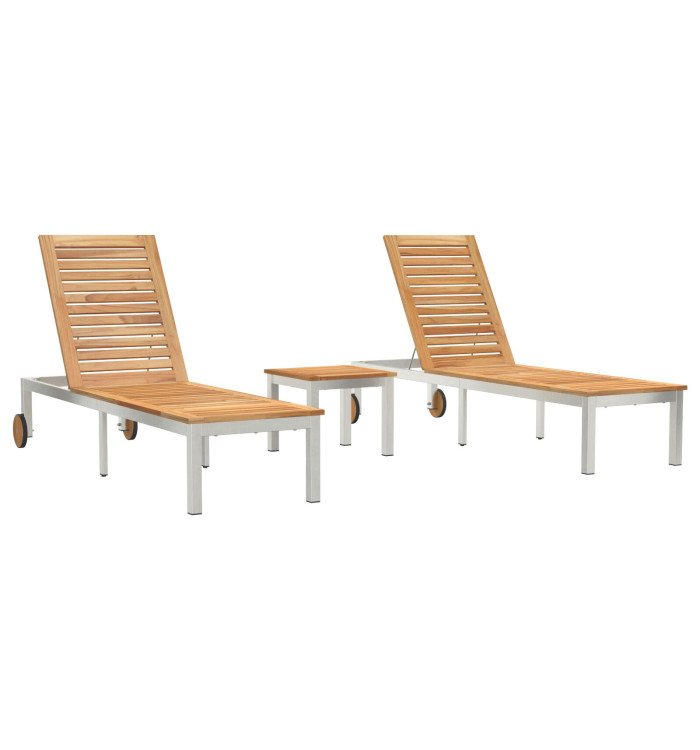 Transats 2 pcs avec Table en Teck Massif, Transat avec Roues 207x58x35 cm en Acacia et Acier Inoxydable | Mobilier & Déco