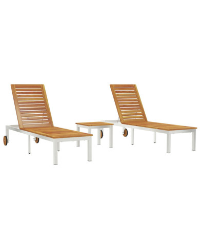 Transats 2 pcs avec Table Bois Massif Acacia, Transat avec Roues 207x58x35 cm Bois Massif Acacia et Acier Inoxydable | Mobilie
