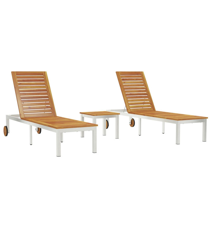 Transats 2 pcs avec Table Bois Massif Acacia, Transat avec Roues 207x58x35 cm Bois Massif Acacia et Acier Inoxydable | Mobilie