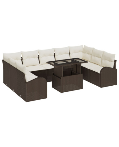 Ensemble de canapés de jardin 10 pièces avec coussins marron en rotin poly | Mobilier & Déco