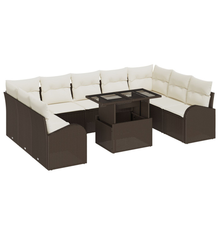 Ensemble de canapés de jardin 10 pièces avec coussins marron en rotin poly | Mobilier & Déco