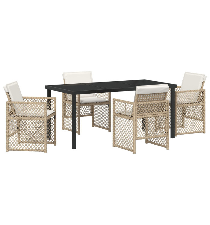 Ensemble repas jardin 5 pièces avec coussins beige, Table jardin noire 160x80x73 cm en verre trempé | Mobilier & Déco