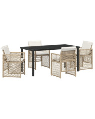 Ensemble repas jardin 5 pièces avec coussins beige, Table jardin noire 160x80x73 cm en verre trempé | Mobilier & Déco