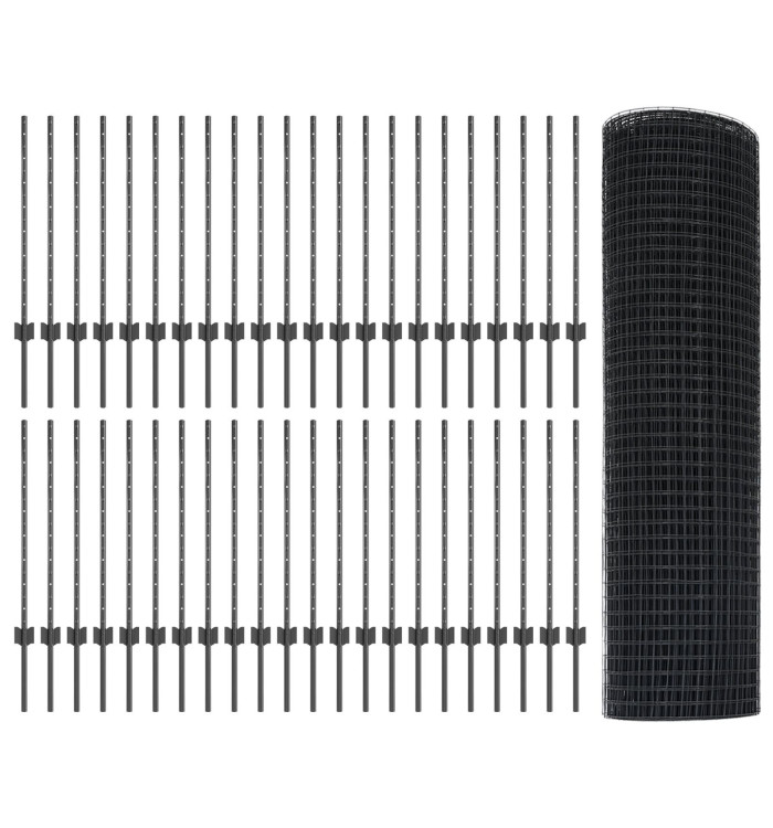 Clôture en fil soudé avec 44 poteaux U Gris 0.8x100 m Acier | Mobilier & Déco