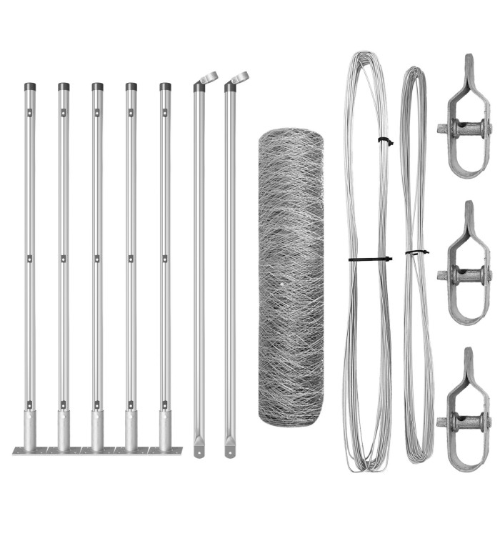 Clôture Hexagonale 0,6x10 m Acier Galvanisé, Poteaux de clôture avec plaques de base 7 pcs Ø32mm 70cm Acier Galvanisé | Mobili