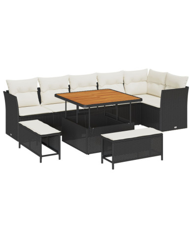 Ensemble canapé jardin 9 pièces avec coussins rotin noir, Ensemble salle à manger jardin 3 pièces avec coussins rotin noir | Mob