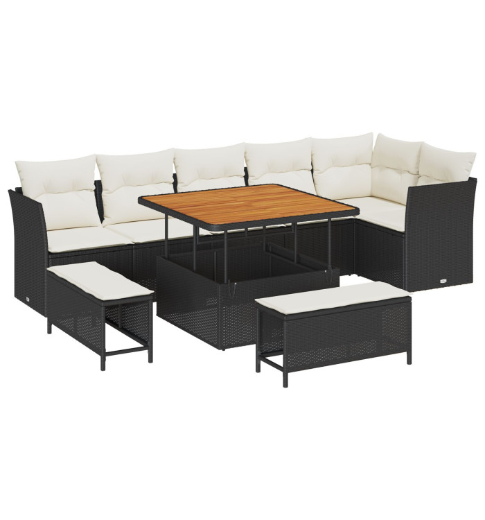 Ensemble canapé jardin 9 pièces avec coussins rotin noir, Ensemble salle à manger jardin 3 pièces avec coussins rotin noir | Mob