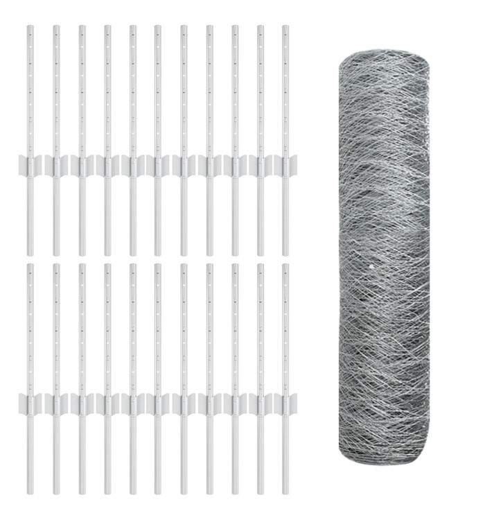 Poteaux de clôture 11 pcs U-Channel 40 cm Acier galvanisé, Clôture hexagonale 0,4x50 m Acier galvanisé | Mobilier & Déco